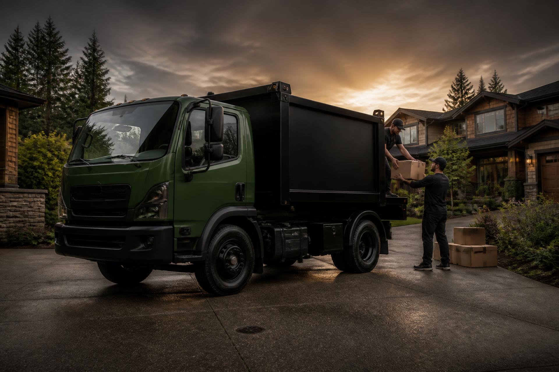 J&J Junk Removal crew loading a dump truck in a Portland driveway